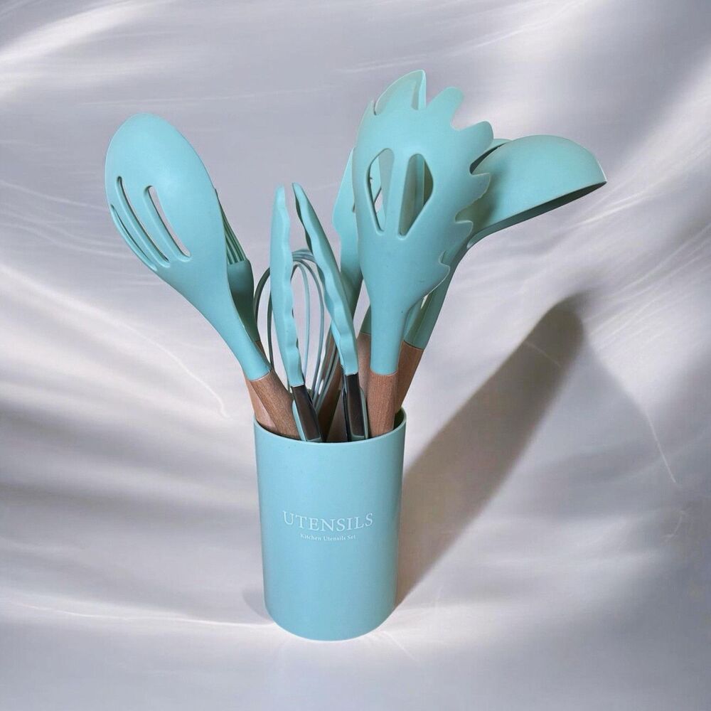 Sage Green Silicone Kitchen Utensil Set w/ Holder, Wood Handles, Multi-Piece